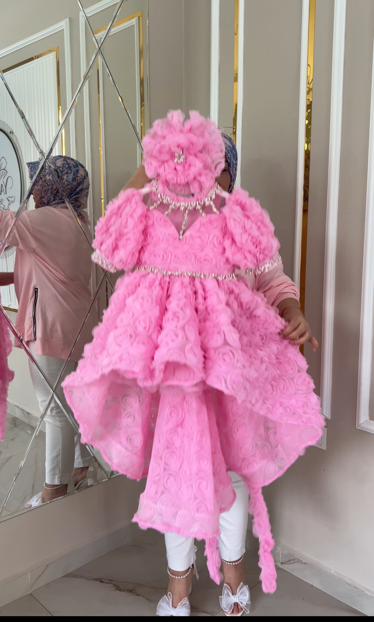 Rose Fabric Long Tail Stone Detailed Special Day Dress