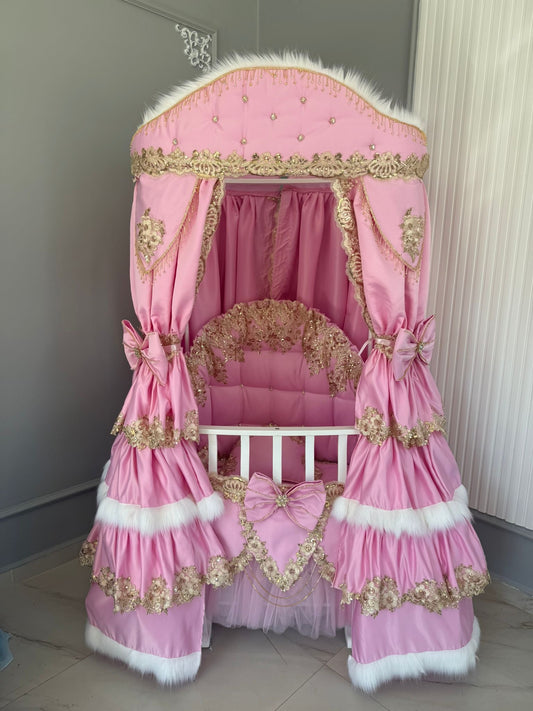 Lunoria Ahşap Beşik Ve Nevresim Süsleme Pembe Gold Renk