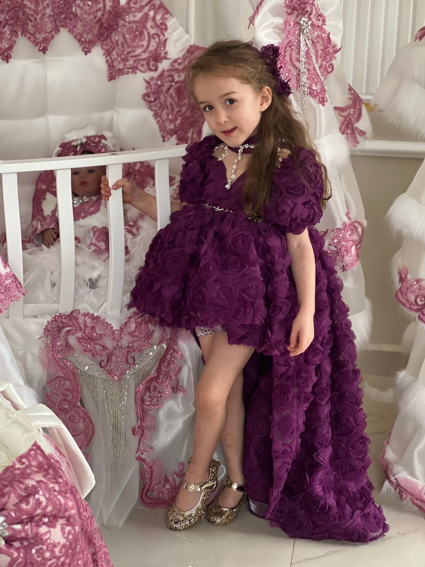 Rose Fabric Long Tail Stone Detailed Special Day Dress