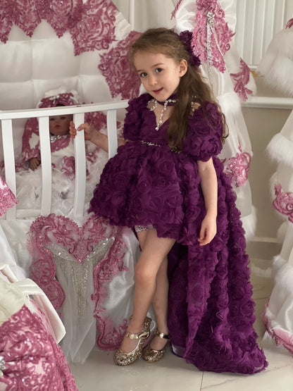 Rose Fabric Long Tail Stone Detailed Special Day Dress