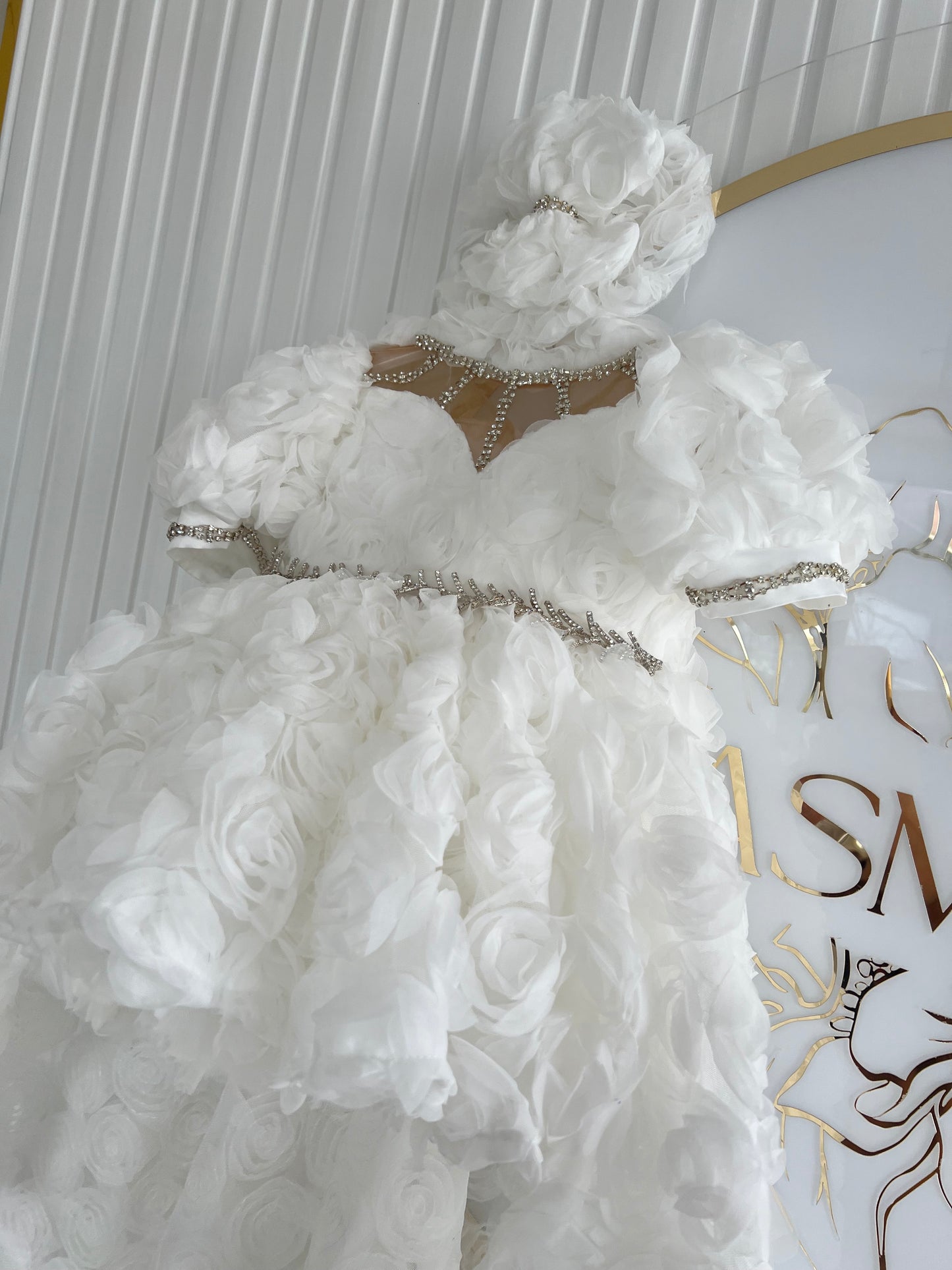Rose Fabric Long Tail Stone Detailed Special Day Dress