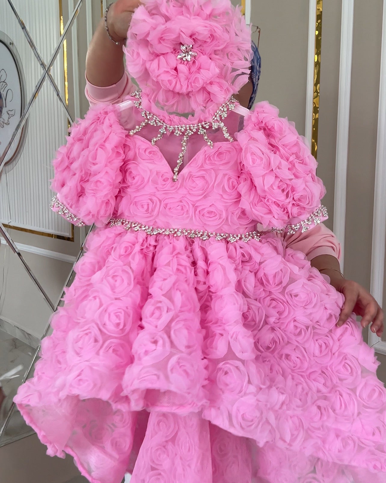 Rose Fabric Long Tail Stone Detailed Special Day Dress
