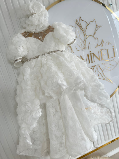 Rose Fabric Long Tail Stone Detailed Special Day Dress