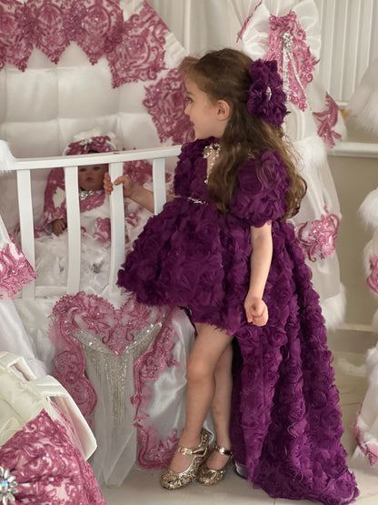 Rose Fabric Long Tail Stone Detailed Special Day Dress