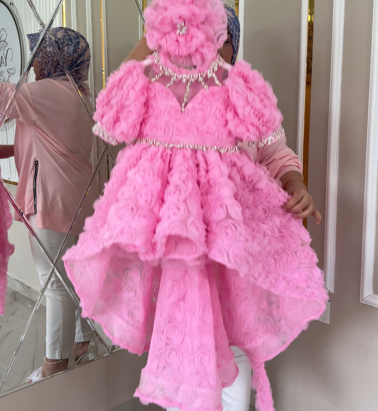 Rose Fabric Long Tail Stone Detailed Special Day Dress